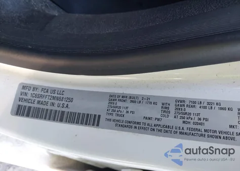 2021 Ram 1500 Big Horn 4X4 5'7 Box from USA, damaged, VIN 1C6SRFFT2MN681250